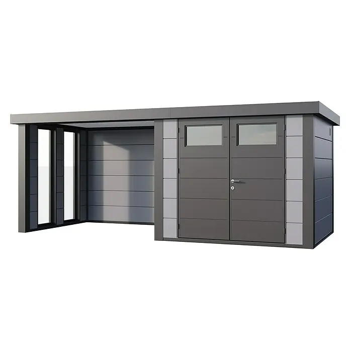 Telluria Metallgerätehaus Classico 3024 mit Lounge S links inkl. 2 Fenster und Elektro-Set - Außenmaß inkl. Dachüberstand (B x T): 602 x 258 cm, Stahl, Lichtgrau/Anthrazit, Inkl. Innenwandverkleidung & Elektro-Set - Modernes Gartenhaus mit Doppeltür und Carportbereich, ideal für die Aufbewahrung von Gartengeräten und als Unterstand für Fahrräder.