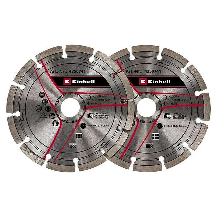 Einhell Diamant-Trennscheibe - Durchmesser Scheibe: 150 mm, Stärke Scheibe: 1,8 mm, 2 Stk. - Zwei Einhell Diamanttrennscheiben mit roten Akzenten, ideal zum Schneiden von harten Materialien.