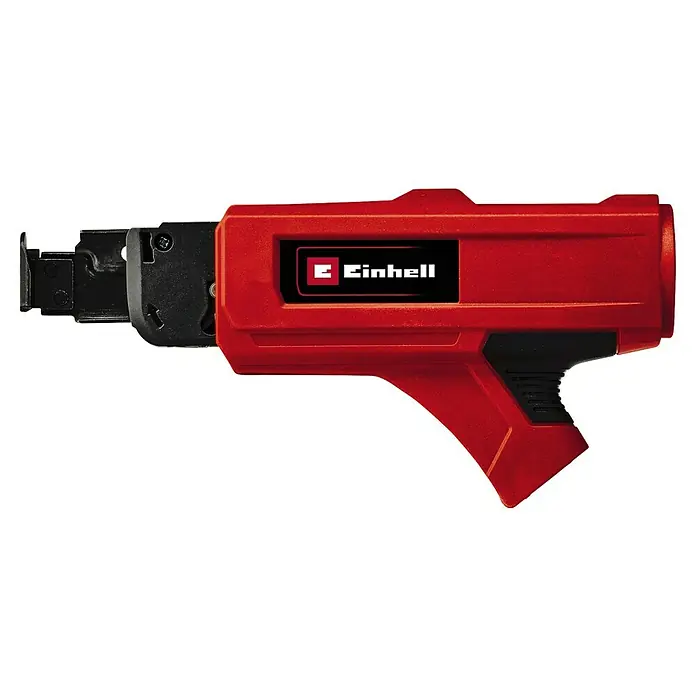 Einhell Magazinaufsatz - Passend für: Einhell Trockenbauschrauber TE-DY 18 Li und TC-DY 710 E - Abbildung eines roten Einhell Trockenbauschraubers, der für Trockenbauarbeiten verwendet wird. Das Werkzeug ist ergonomisch gestaltet.