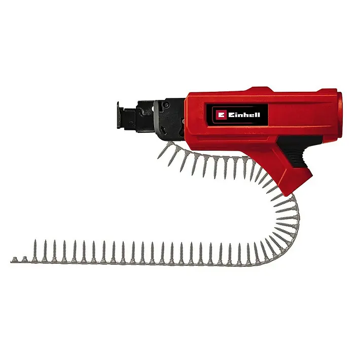Einhell Magazinaufsatz - Passend für: Einhell Trockenbauschrauber TE-DY 18 Li und TC-DY 710 E - Einhell Magazinschrauber im Detail. Das Gerät präsentiert sich in Rot und Schwarz, bestückt mit einem Magazin für Schrauben.