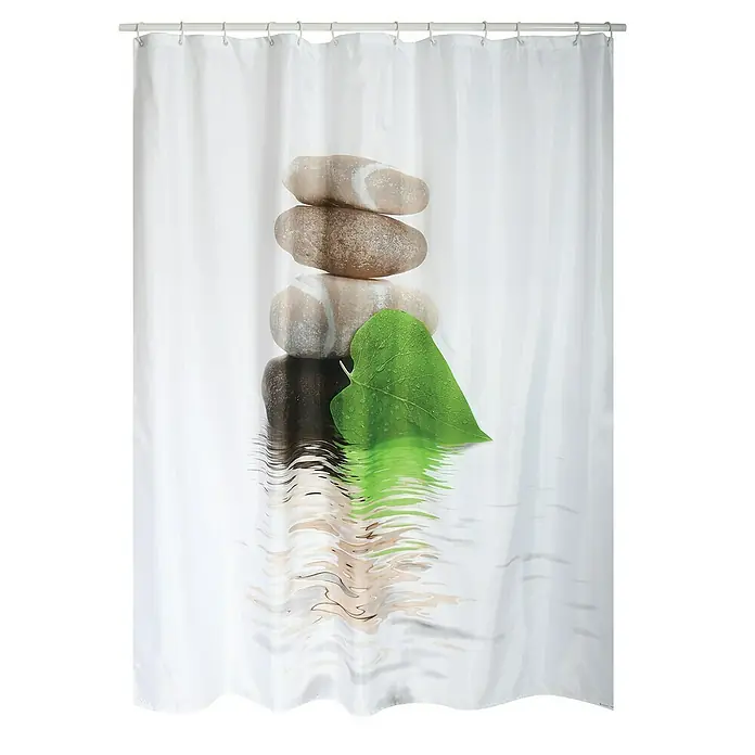 Venus Cortina de baño Lingga - An x Al: 180 x 180 cm, Plástico, Blanco/Beige - Cortina de ducha con una pila de piedras y un diseño de hoja. La cortina muestra un diseño relajante con piedras apiladas.
