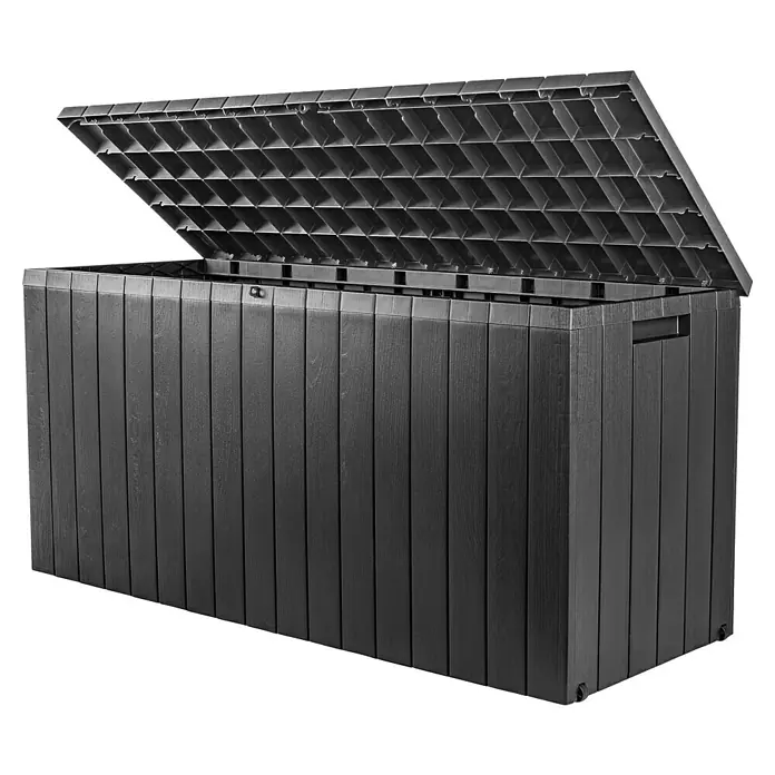 Jelenia Plast Gartenbox Olaf - L x B x H: 117 x 45 x 55 cm, Anthrazit - Abgebildete ist eine schwarze, rechteckige Gartenbox mit Holzoptik und geöffnetem Deckel, ideal zur Aufbewahrung im Freien.