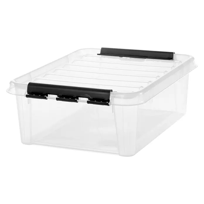 SmartStore Aufbewahrungsbox Classic 20 - L x B x H: 50 x 39 x 18 cm, Kunststoff, Transparent - Ein durchsichtiger, rechteckiger Aufbewahrungsbehälter aus Kunststoff mit schwarzem Deckelverschluss für eine sichere Lagerung.