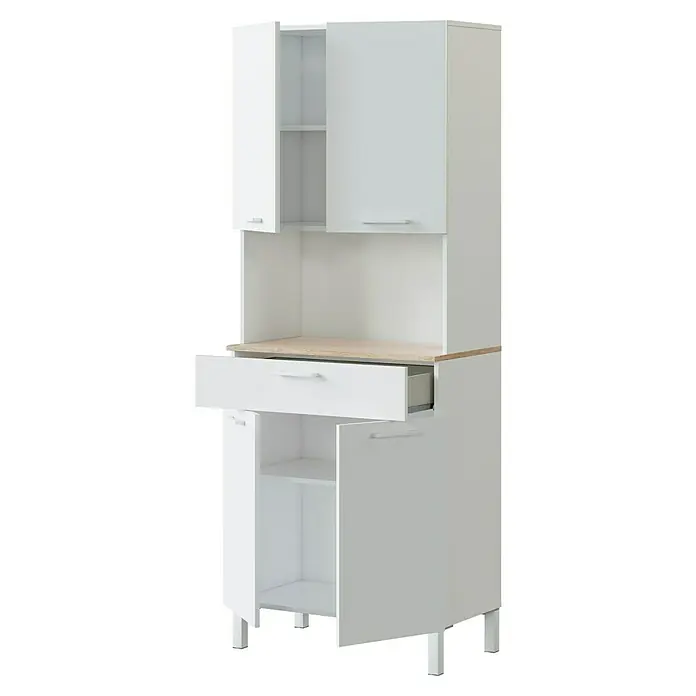 Aparador buffet Kira - L x An x Al: 40 x 72 x 186 cm, Blanco Artik/Roble Canadian, Número de cajones: 1 ud., Número de puertas: 4 ud. - Un armario de cocina blanco con puertas abiertas y un cajón para más espacio de almacenamiento en la cocina.