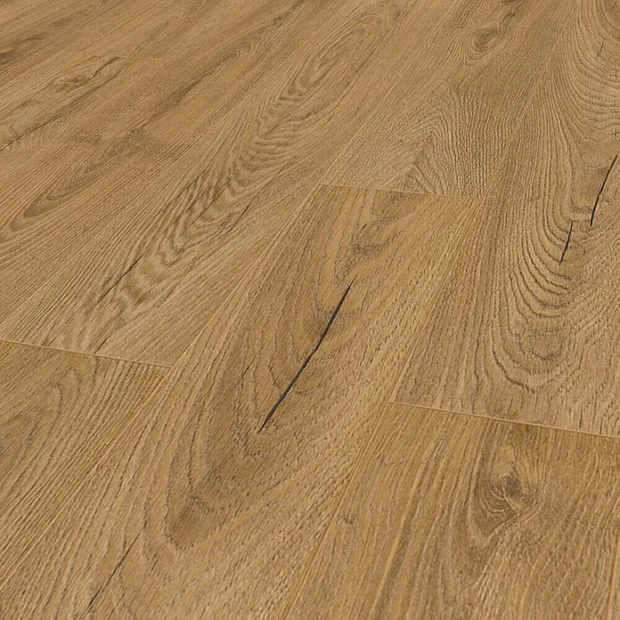 Krono Original Laminat Atlantic 10 - Inca Carpenter Oak, Landhausdiele, 1.288 x 195 x 10 mm - Nahaufnahme von warmen, hellbraunen Laminatbodenfliesen, die eine natürliche Holzstruktur und feine Risse zeigen.
