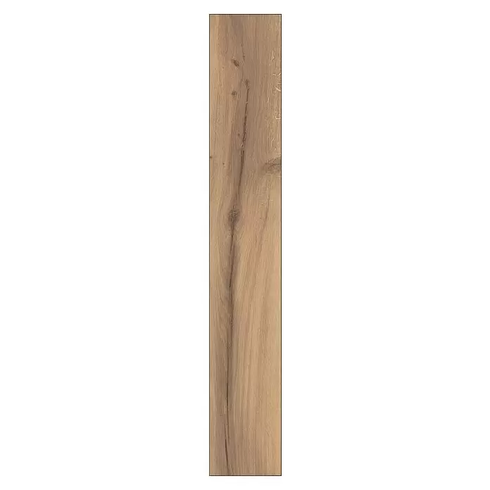 Krono Original Laminat Organic Classic - Wild West Oak, Landhausdiele, 1.288 x 195 x 8 mm - Helles braunes Holzbrett mit sichtbarer Maserung, Ästen und natürlichen Rissen.