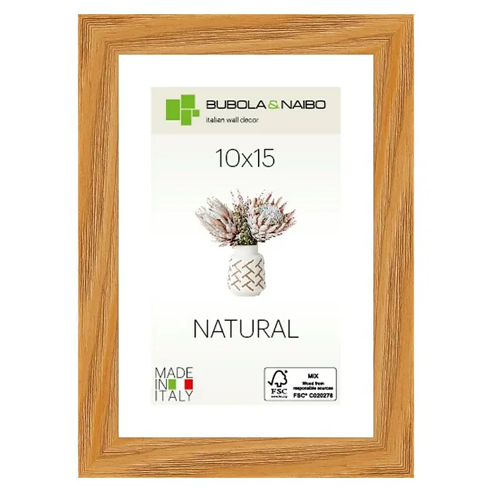 Bubola & Naibo Holzrahmen Tulipa 6340 - 10 x 15 cm, Eiche - Holzfarbener Fotorahmen mit der Aufschrift "10x15" und dem Hinweis auf italienische Wanddekoration für stilvolle Wohnraumgestaltung.