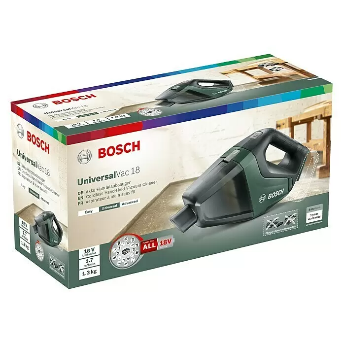 Bosch Power for All 18V Aspirador de mano de batería UniversalVac 18 - 18 V, Sin batería, Volumen de recipiente: 0,5 l - Aspiradora de mano sin cable Bosch UniversalVac 18 verde y negra, en su embalaje.