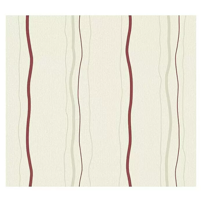 A.S. Création Casual Living Vliestapete - Creme/Rot/Beige, Streifen, 10,05 x 0,53 m - Texturierte cremefarbene Tapete mit wellenförmigen roten und beigefarbenen Streifen.
