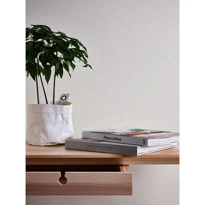 A.S. Création Casual Living Vliestapete Putzeffekt - Weiß, Uni, 10,05 x 0,53 m - Zimmerpflanze in weißem Topf und zwei Bücher auf einem hellen Holzregal mit Schublade vor einer weißen Wand.