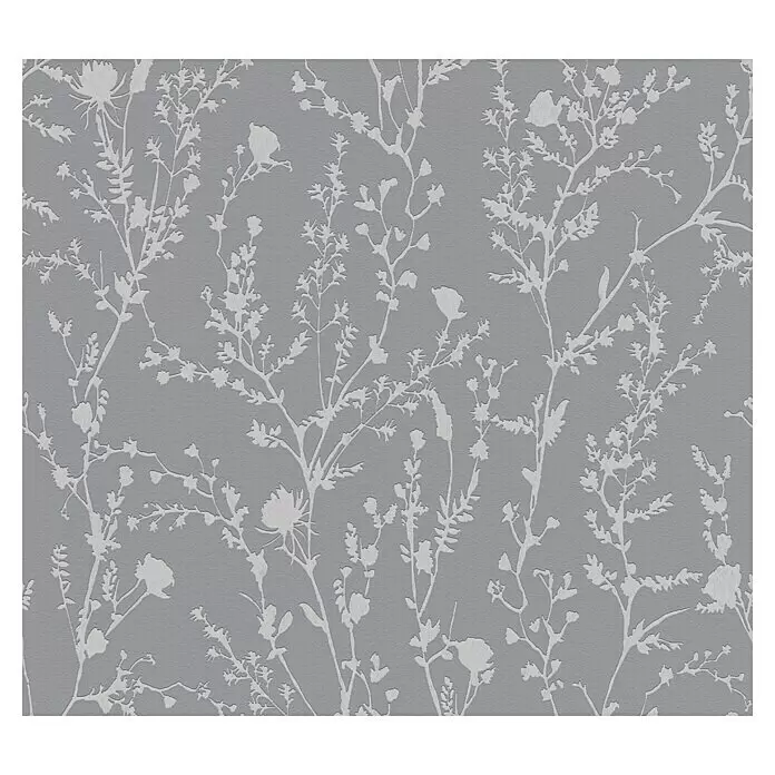 A.S. Création Casual Living Vliestapete - Silbergrau, Floral, 10,05 x 0,53 m - Graue Tapete mit geprägten weißen Pflanzenmustern.