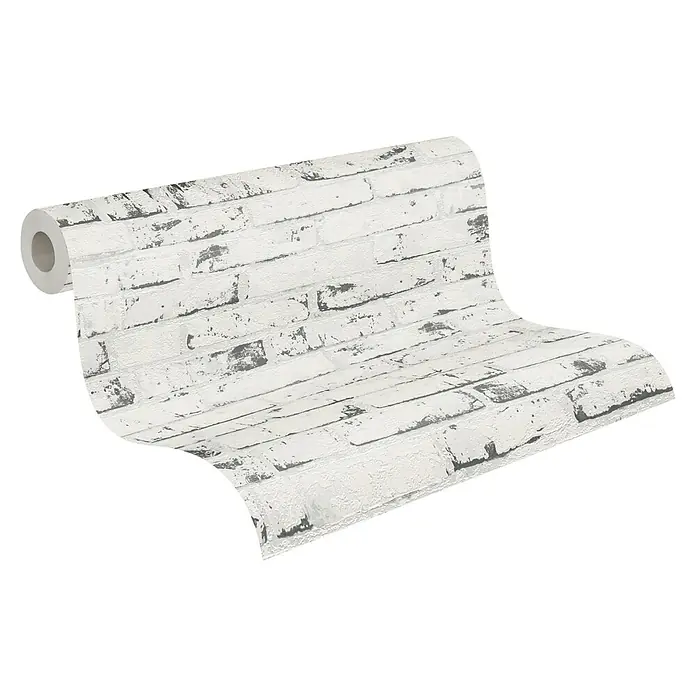 A.S. Création Casual Living Vliestapete New England Klinker - Grau/Anthrazit, Steinoptik, 10 x 0,53 m - Eine Rolle weiße Tapete mit Ziegelmuster für eine moderne und stilvolle Wanddekoration im Innenbereich.