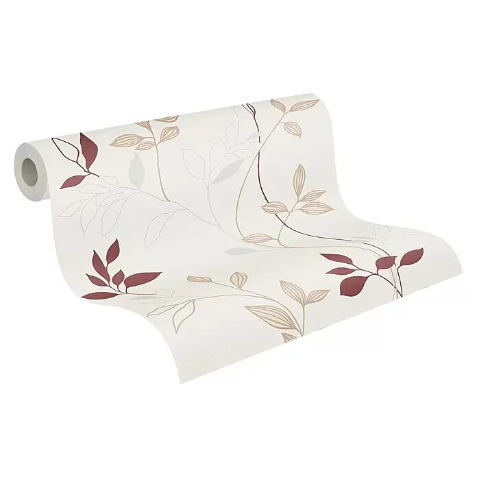 A.S. Création Casual Living Vliestapete Blätter - Creme/Rot/Beige, Floral, 10,05 x 0,53 m - Eine Rolle hellfarbener Tapete mit einem dezenten Blumenmuster aus Blättern und Ranken in Rot-, Beige- und Grautönen.
