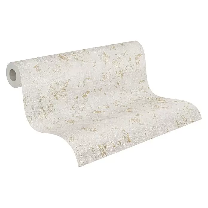 A.S. Création Casual Living Vliestapete Struktur - Grau/Gold/Metallic, Uni, 10,05 x 0,53 m - Entrollte Tapetenrolle in Weiß und Gold mit strukturierter, abstrakt gemusterter Oberfläche.