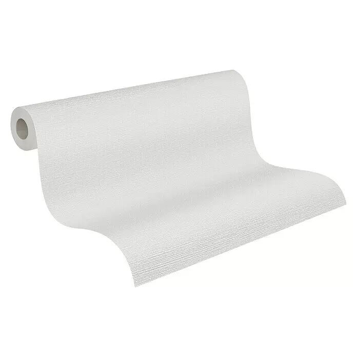A.S. Création Casual Living Vliestapete - Strukturgrau, Uni, 10,05 x 0,53 m - Weiße, strukturierte Tapetenrolle, teilweise abgerollt.
