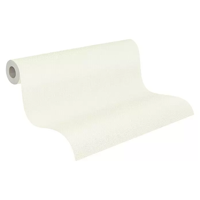 A.S. Création Casual Living Vliestapete Textiloptik - Weiß, Uni, 10,05 x 0,53 m - Teilweise abgerollte Rolle strukturierter, hellbeiger Tapete.