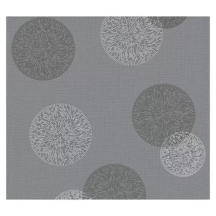 A.S. Création Casual Living Vliestapete Kreise - Anthrazitgrau, Grafisch, 10,05 x 0,53 m - Strukturierte graue Tapete mit dunkelgrauen und weißen radialen Mustern.
