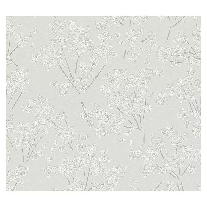A.S. Création Casual Living Vliestapete Blümchen - Grau/Weiß, Floral, 10,05 x 0,53 m - Weiße, strukturierte Tapete mit geprägtem Blumenmuster und zarten grauen Zweigen.