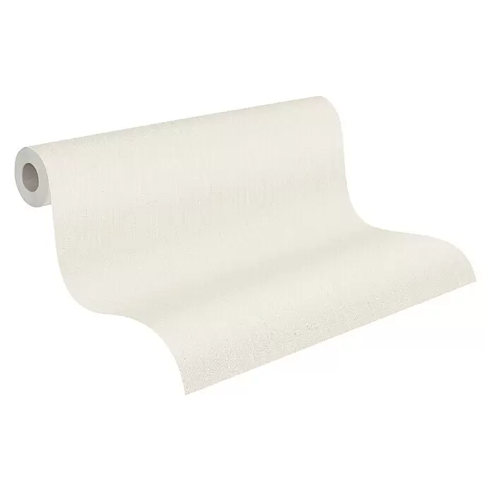 A.S. Création Casual Living Vliestapete Struktur - Weiß, Uni, 10,05 x 0,53 m - Heller, texturierter Tapetenrolle in Beige, teilweise abgerollt.