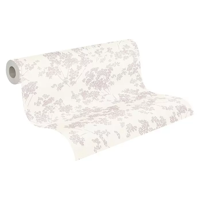 A.S. Création Casual Living Vliestapete Blümchen - Weiß/Rosa, Floral, 10,05 x 0,53 m - Rolle heller beiger Tapete mit zartrosa Blumenmuster, teilweise ausgerollt.