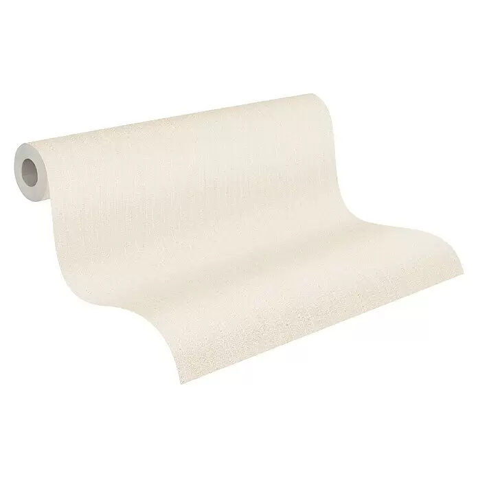 A.S. Création Casual Living Vliestapete Struktur - Beige/Creme, Uni, 10,05 x 0,53 m - Hellbeige strukturierte Tapetenrolle, teilweise abgerollt.