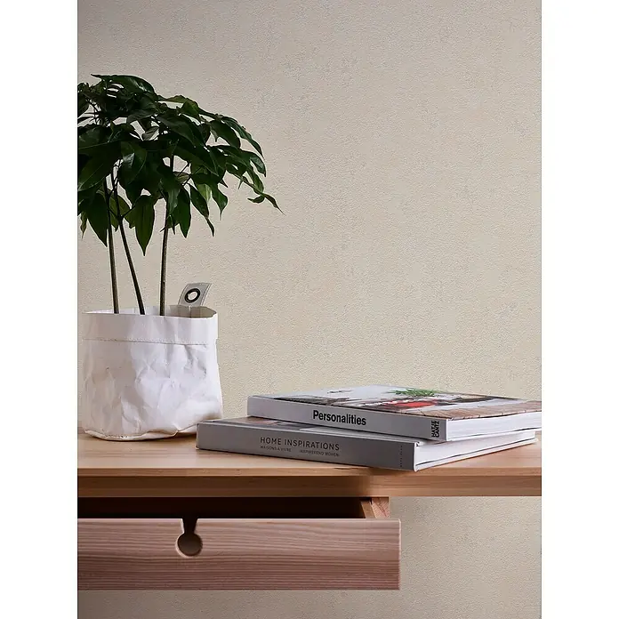 A.S. Création Casual Living Vliestapete Struktur - Beige, Uni, 10,05 x 0,53 m - Zimmerpflanze in weißem Topf auf einem Holztisch mit zwei Büchern. Die helle Farbgebung schafft eine ruhige Atmosphäre.