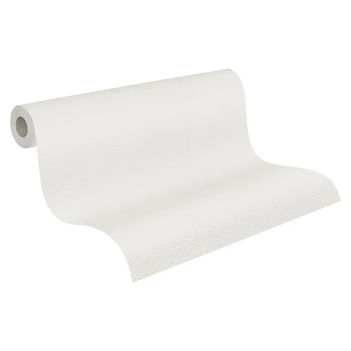 A.S. Création Casual Living Vliestapete - Creme-Weiß, Uni, 10,05 x 0,53 m - Nahaufnahme einer weißen, strukturierten Tapetenrolle, die einen neutralen Hintergrund für vielfältige Designanwendungen bietet.
