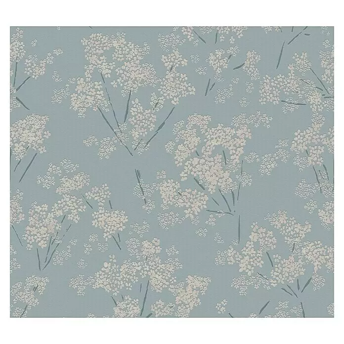 A.S. Création Casual Living Vliestapete Blümchen - Blau/Beige/Türkis, Floral, 10,05 x 0,53 m - Ein hellblau-graues Texturmuster mit verstreuten Gruppen kleiner, heller Blüten und zarten dunklen Stielen.