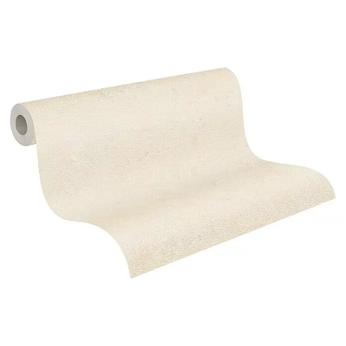 A.S. Création Casual Living Vliestapete Struktur - Beige, Uni, 10,05 x 0,53 m - Helle beige strukturierte Tapetenrolle, die ihr Muster entfaltet.