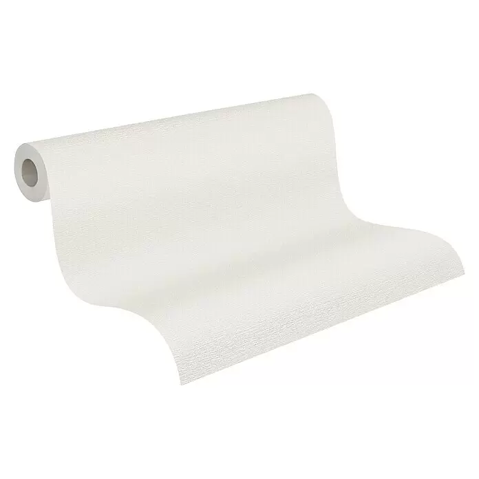 A.S. Création Casual Living Vliestapete Textilstruktur - Hellgrau/Creme, Uni, 10,05 x 0,53 m - Rolle weißer strukturierter Tapete, teilweise abgerollt.
