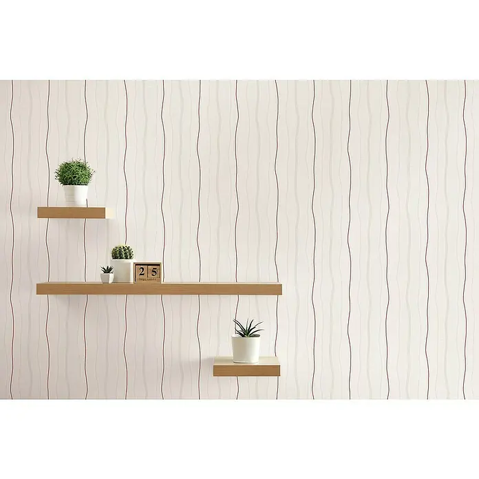 A.S. Création Casual Living Vliestapete - Creme/Rot, Streifen, 10,05 x 0,53 m - Wandbild mit stilvollen Regalen und kleinen Pflanzen, die eine moderne und minimalistische Ästhetik erzeugen.