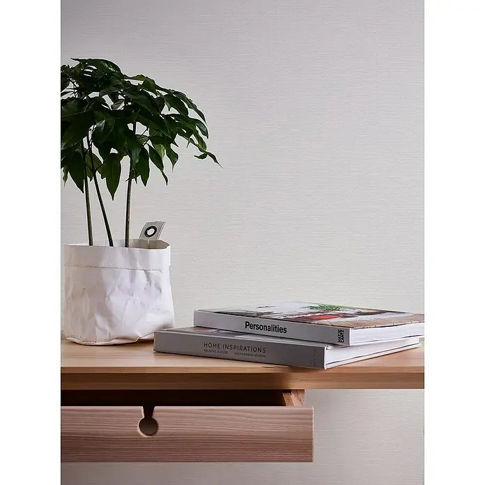 A.S. Création Casual Living Vliestapete - Strukturweiß, Uni, 10,05 x 0,53 m - Nahaufnahme einer Zimmerpflanze in einem weißen Topf auf einem Holztisch mit Schublade, neben zwei Büchern, die für eine gemütliche Atmosphäre sorgen.