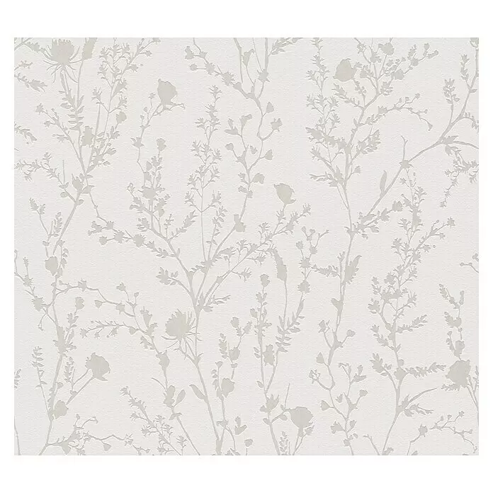 A.S. Création Casual Living Vliestapete - Hellrosa/Hellgrau, Floral, 10,05 x 0,53 m - Texturierte cremefarbene Tapete mit zartem Muster aus hellbeigen botanischen Silhouetten, darunter Stängel, Blätter und Blüten.