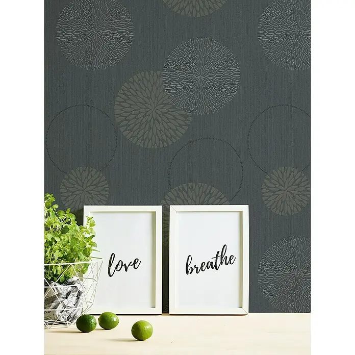 A.S. Création Casual Living Vliestapete Kreise - Anthrazit-Grau, Grafisch, 10,05 x 0,53 m - Ein Nahaufnahme des Rasch Textil Tapete 246120 mit einem stilvollen Muster. Sie verleiht jedem Raum eine elegante Note und ist ein echter Hingucker.