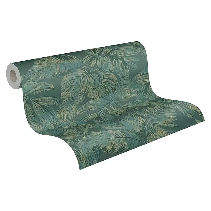 A.S. Création Casual Living Vliestapete - Grün/Gold, Floral, 10,05 x 0,53 m - Rolle türkisfarbener Tapete mit goldenem Palmenblattmuster.