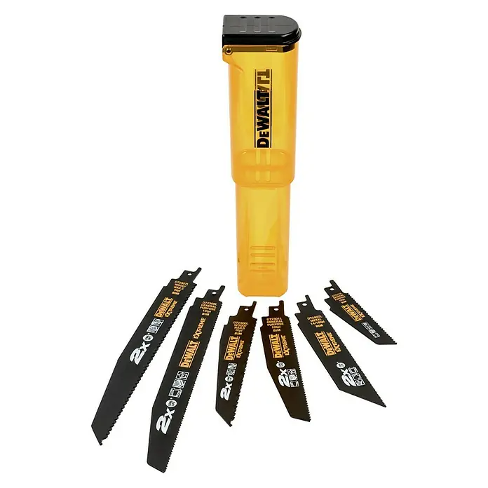 DeWalt Juego de hojas de sierra de sable DT2440L-QZ - 6 pzs. - La imagen muestra un juego de hojas de sierra recíproca DeWalt en varios tamaños, junto con un contenedor amarillo.