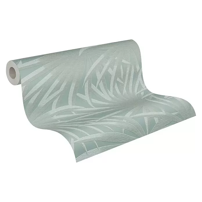 A.S. Création Casual Living Vliestapete Palmenblätter - Blau/Mint, Floral, 10,05 x 0,53 m - Rolle helltürkiser Struktur-Tapete mit geprägtem Blattmuster.