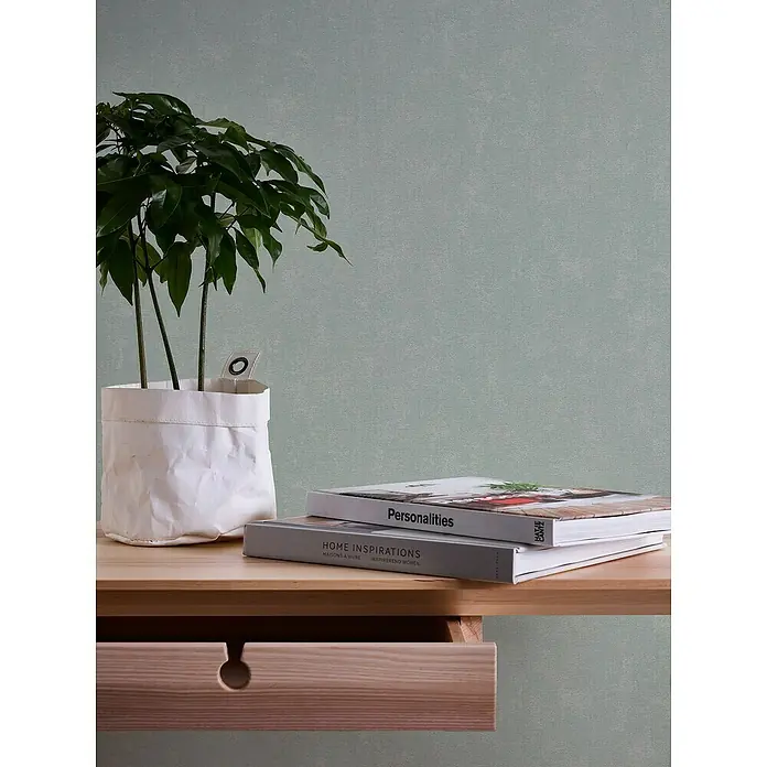 A.S. Création Casual Living Vliestapete - Mintblau, Uni, 10,05 x 0,53 m - Bücher und eine Pflanze auf einem hellen Holztisch mit einer Schublade. Dekorative und funktionale Raumelemente.