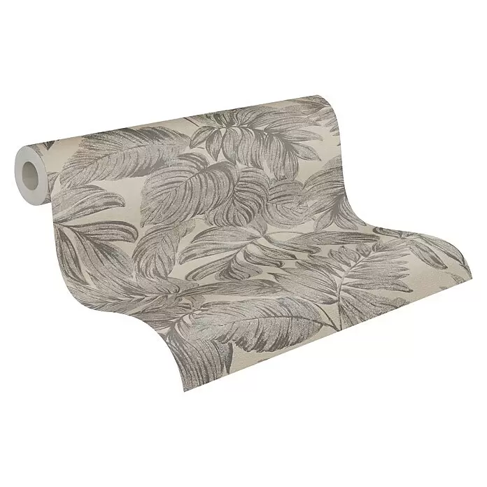 A.S. Création Casual Living Vliestapete - Braun/Grau/Beige, Floral, 10,05 x 0,53 m - Teilweise abgerollte Tapetenrolle in Beige mit grauem Blattmuster.