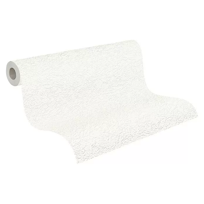 A.S. Création Casual Living Vliestapete Putzeffekt - Weiß, Uni, 10,05 x 0,53 m - Rolle weißer, strukturierter Tapete, leicht abgerollt.