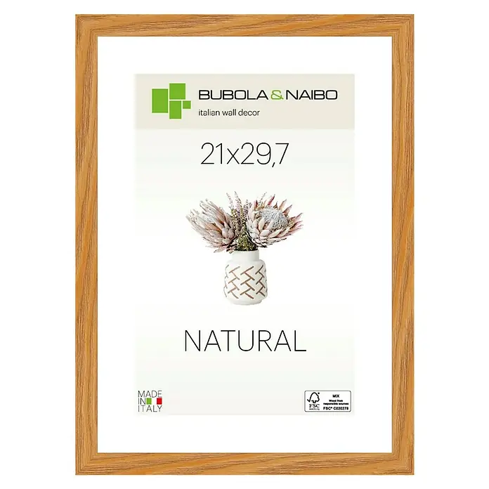 Bubola & Naibo Holzrahmen Tulipa 6340 - DIN A4 / 21 x 29,7 cm, Eiche - Ein Bilderrahmen von Bubola & Naibo mit der Aufschrift "Natural" und einem Blumenmuster, ideal für stilvolle Wanddekoration.