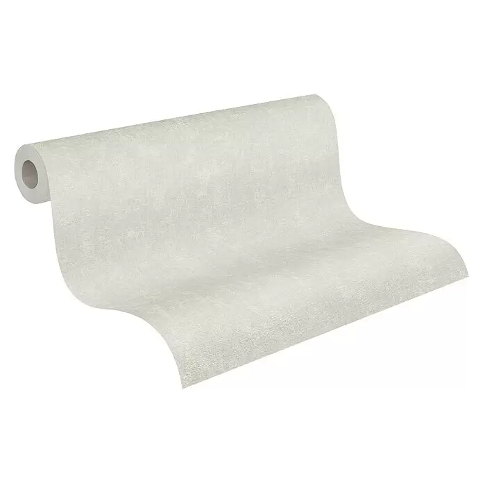 A.S. Création Casual Living Vliestapete - Helles Grau, Uni, 10,05 x 0,53 m - Helle beigefarbene strukturierte Tapetenrolle, teilweise ausgerollt.