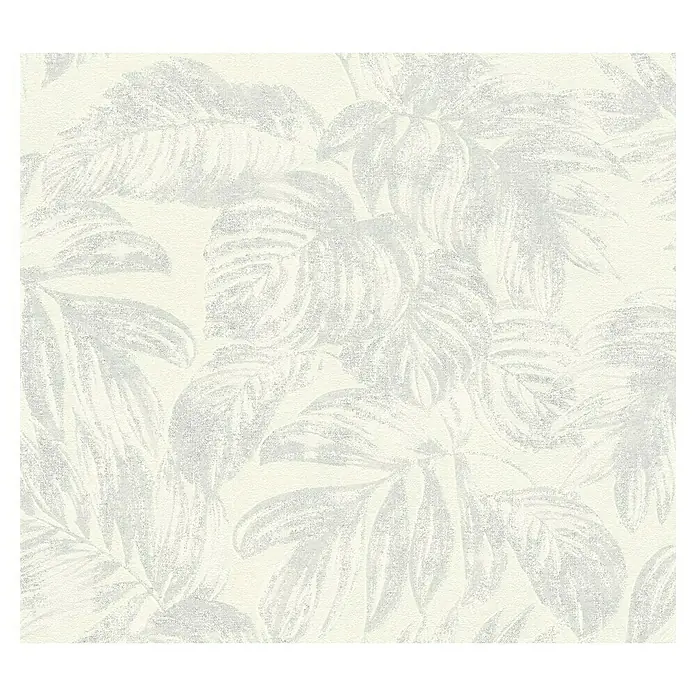 A.S. Création Casual Living Vliestapete - Weiß/Silber/Creme, Floral, 10,05 x 0,53 m - Elegante Tapete mit einem Muster aus stilisierten, weißen Blättern auf einem cremefarbenen Hintergrund. Perfekt für ein modernes Ambiente.