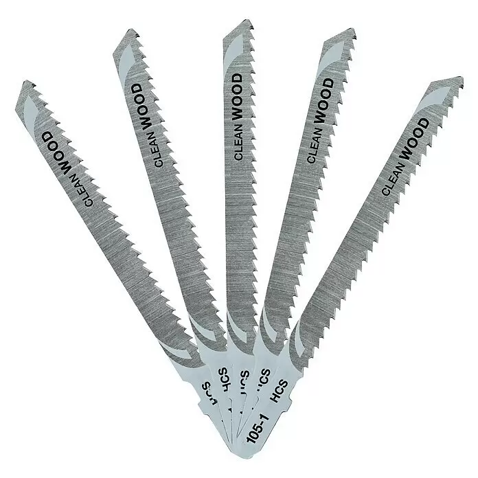 DeWalt Hoja de sierra de calar DT2165-QZ - Madera / madera aglomerada - Cinco hojas de sierra de calar HCS gris plateado, marcadas 'CLEAN WOOD HCS 105-1'.