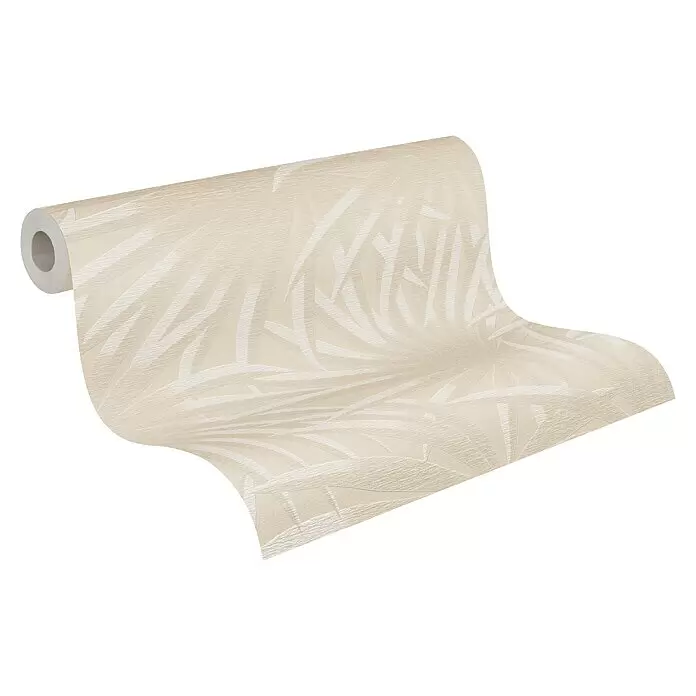 A.S. Création Casual Living Vliestapete Palmenblätter - Beige/Weiß, Floral, 10,05 x 0,53 m - Teilweise abgerollte beige Tapetenrolle mit dezentem, strukturiertem Palmblattmuster.