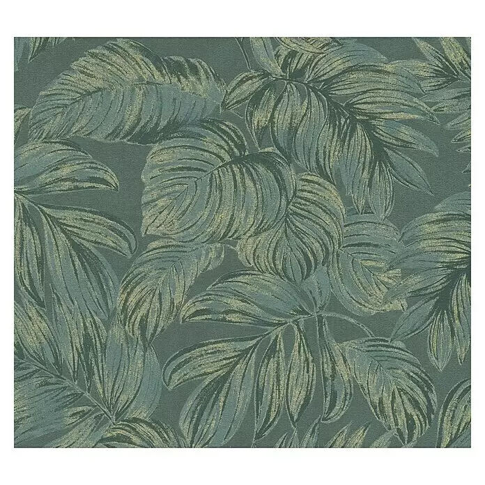 A.S. Création Casual Living Vliestapete - Grün/Gold, Floral, 10,05 x 0,53 m - Strukturierte Tapete mit botanischem Blattmuster in Petrol, Blaugrün und Goldgrün.