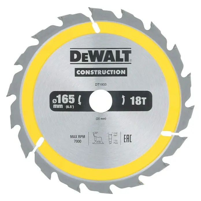 DeWalt Disco de sierra DT1933-QZ - Diámetro: 165 mm, Orificio: 20 mm, 18 ud. - Primer plano de una hoja de sierra circular DEWALT, de 165 mm de diámetro, con anillo amarillo y 18 dientes, para trabajos de construcción.