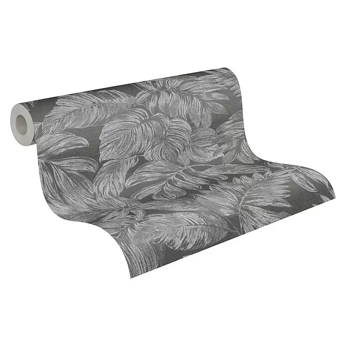 A.S. Création Casual Living Vliestapete - Anthrazit/Grau/Silber, Floral, 10,05 x 0,53 m - Rolle dunkelgrauer Tapete mit metallischem Silber-Tropenblattmuster.
