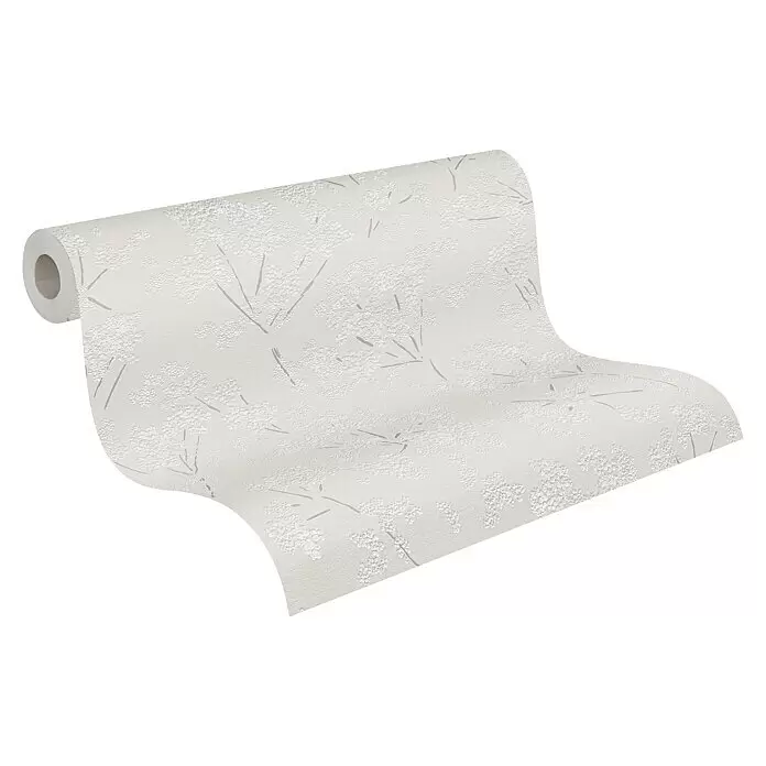 A.S. Création Casual Living Vliestapete Blümchen - Grau/Weiß, Floral, 10,05 x 0,53 m - Eine Rolle hellfarbiger Tapete mit geprägtem Blumenmuster und zarten Astakzenten.
