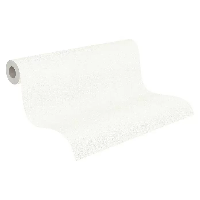 A.S. Création Casual Living Vliestapete - Wollweiß, Uni, 10,05 x 0,53 m - Weißer strukturierter Tapetenrolle, teilweise abgerollt.